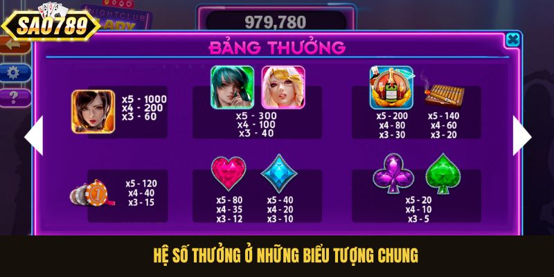 Hệ số thưởng ở những biểu tượng chung